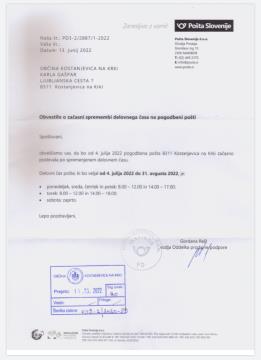 Začasna sprememba delovnega časa na pogodbeni pošti Kostanjevica na Krki 1